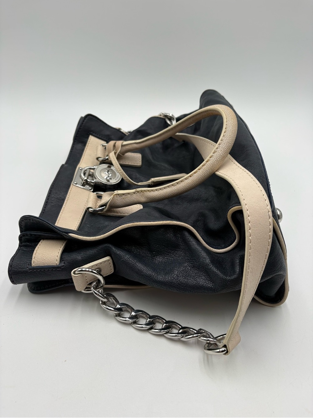 Michael Kors Navy Blue & Beige Leather Shoulder Satchel Handbag Purse - Picture 8 of 15